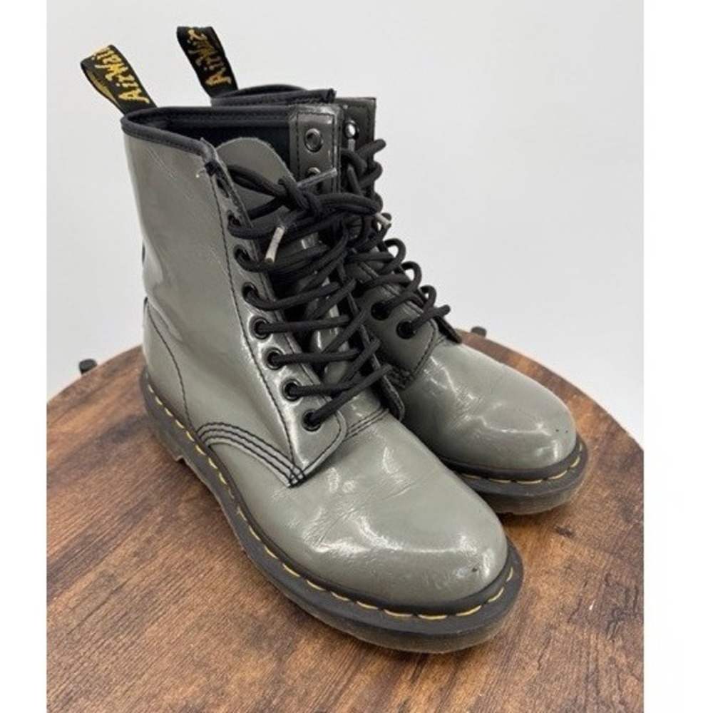 Dr Martens 1460 Women Grey Patent Leather Lace Up Combat Boots SZ 5 Grunge Punk
